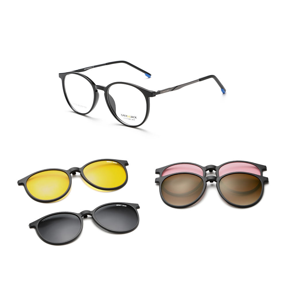 GREY JACK 4PCS TR90 Frame Round Clip On Glasses for Myopic Men Women 6109