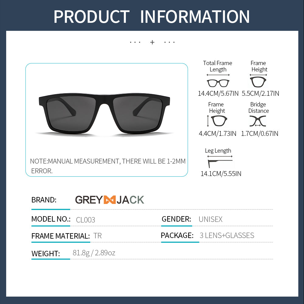 Fashion Rectangle Magnetic Clip On Glasses for Men Women