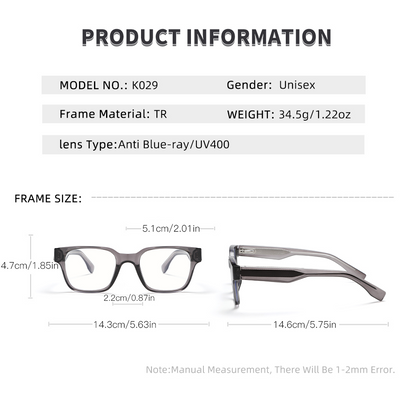 Retro High Quality Branded Designed Square Anti-Blue Light Glasses K029