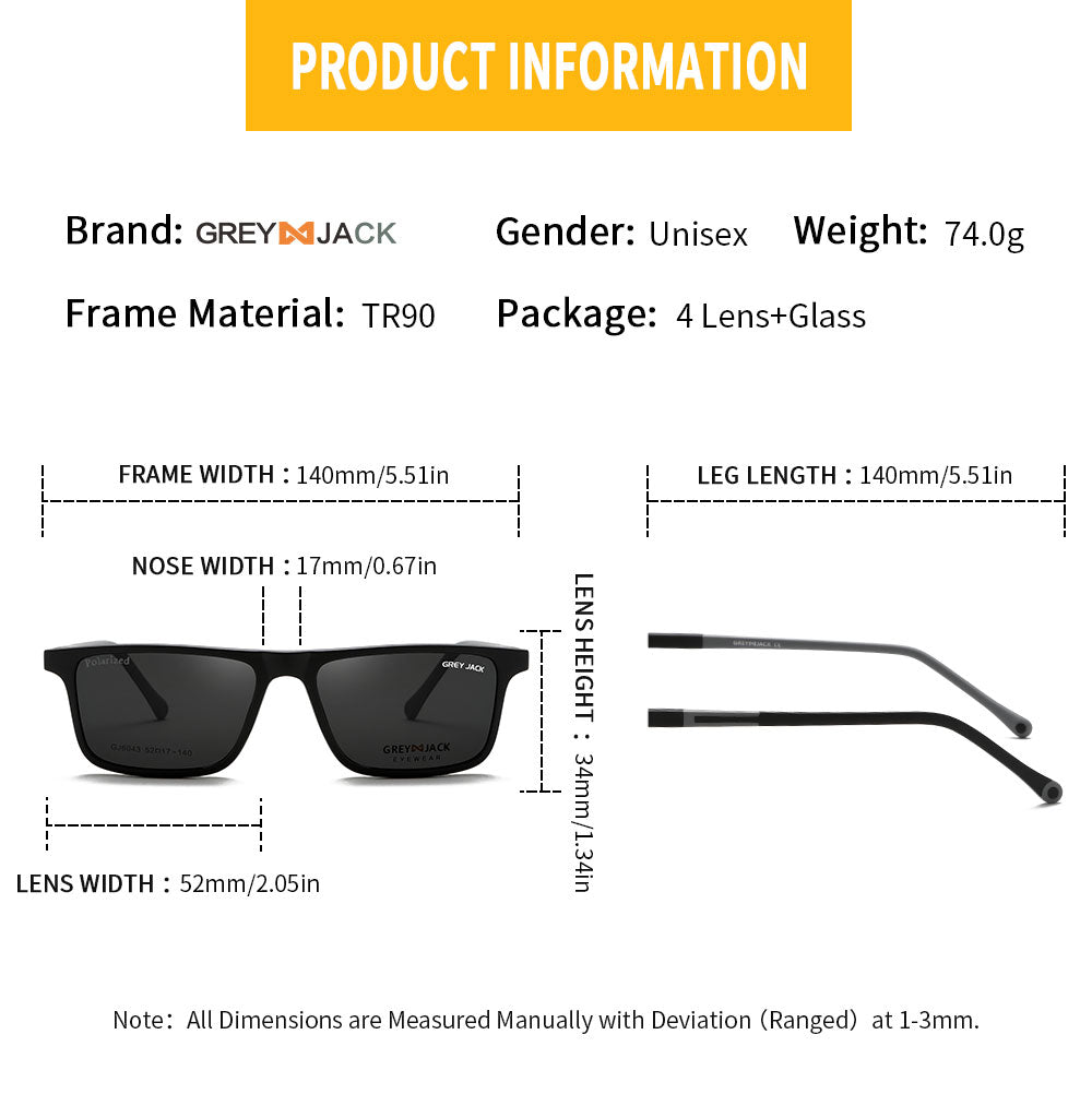 GREY JACK Unbreakable 3D Spectacle Frame with 4Pcs Magnetic Polarized Clip  On Sunglasses Lenses for Myopic Men Women 6047, Shiny Black, M price in  Saudi Arabia | Amazon Saudi Arabia | kanbkam